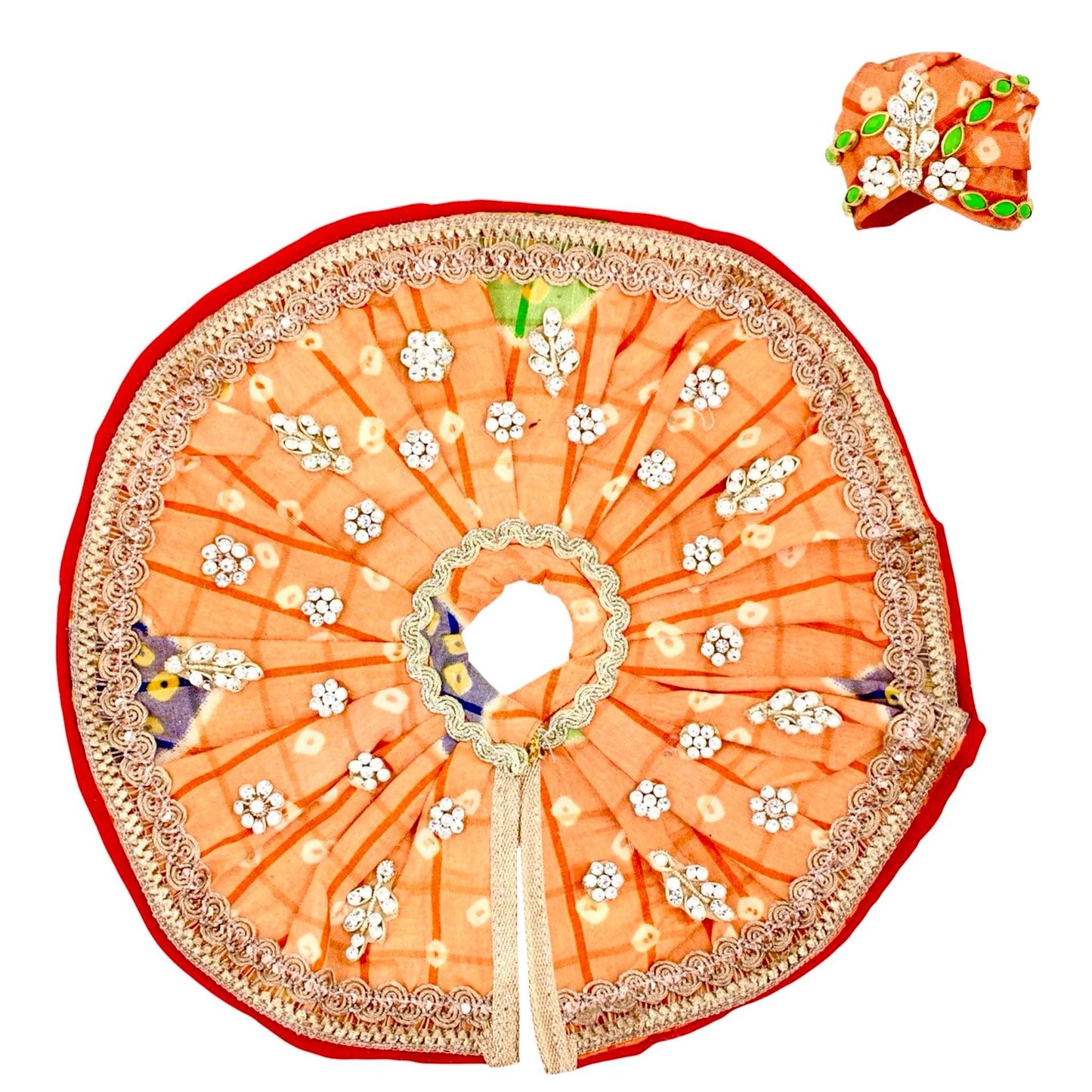 Rajasthani cotton dress with jarkan pagdi for Laddu Gopal Ji in peach-orange with lace border and floral hand-block print – Maakhan Chor