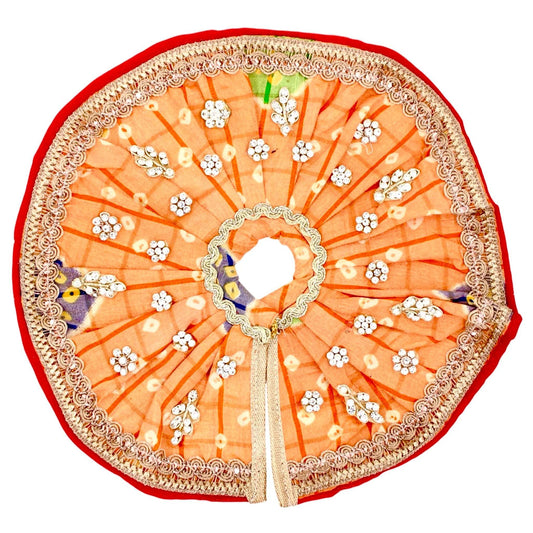 Rajasthani cotton dress with jarkan pagdi for Laddu Gopal Ji in peach-orange with lace border and floral hand-block print – Maakhan Chor